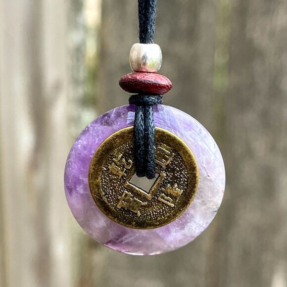 Artisan Jewelry - Amethyst Gemstone Necklace with Lucky Coin | Handmade